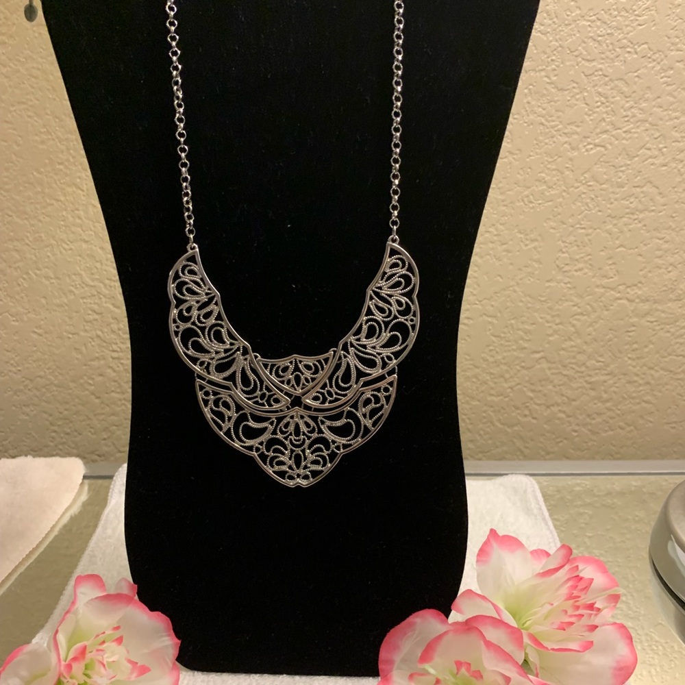 2/$25 Statement Bib Style Necklace in Silver Tone Filigree Design